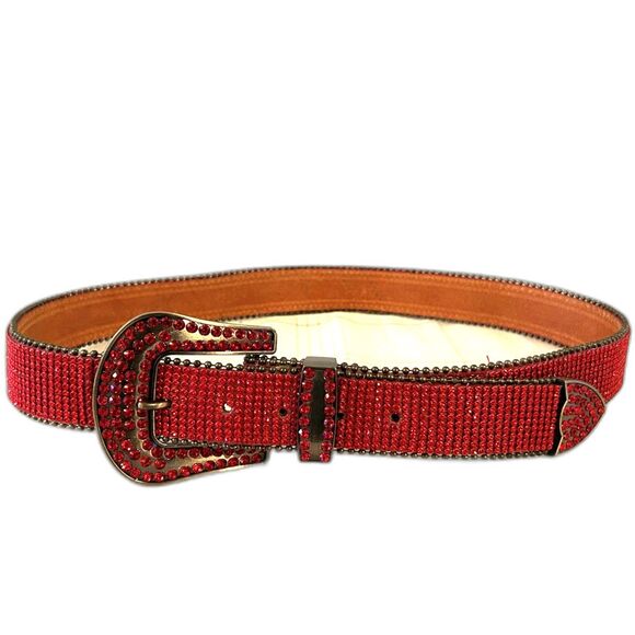 Red Rhinestone Studded Leather Belt - Size M/L - New - Picture 2 of 5